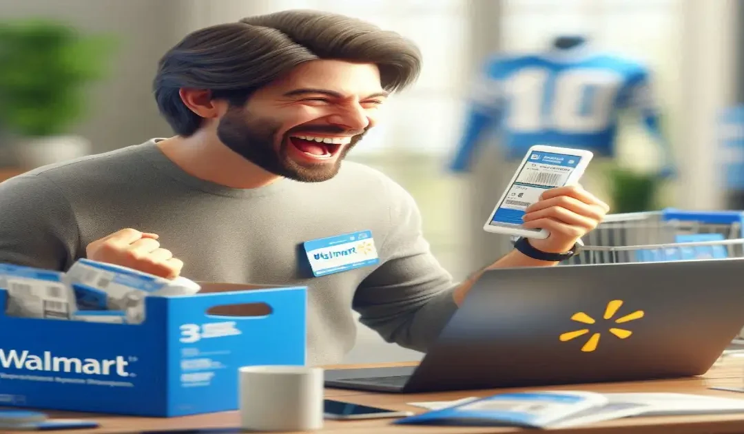 Realistic image of a person happily working on a laptop with Walmart products around